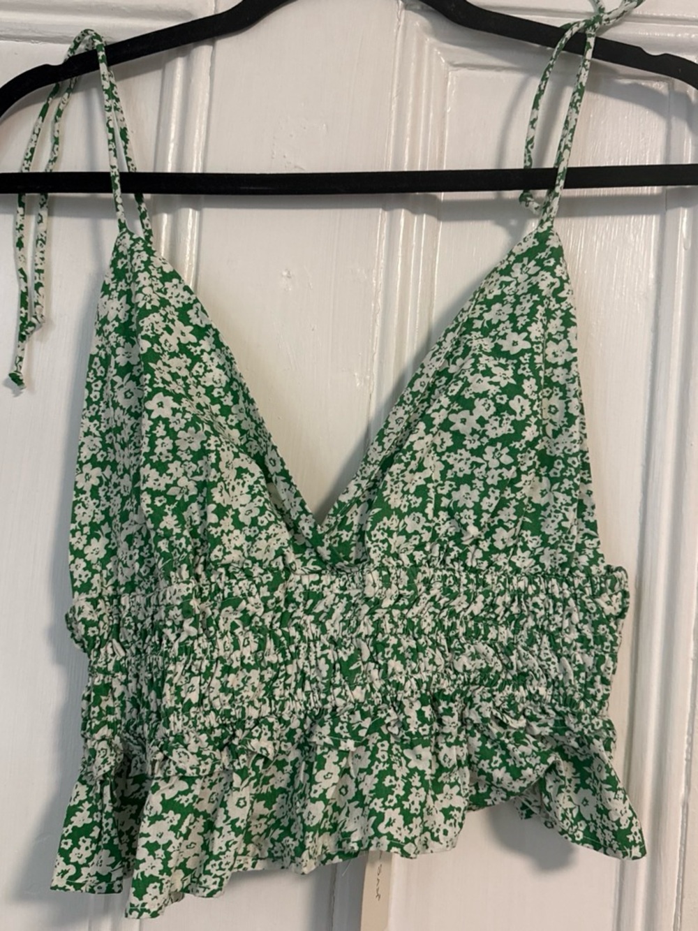 T.J.Maxx Green and White Floral Smocked Tie-Strap Cami